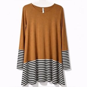 Zenana Brown Colorblock Tunic Top Striped Hem Long Sleeve Flowy Size L